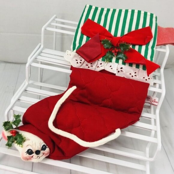 19" Christmas Stocking Annalee Mobilitee Mouse Red Quilted Green White - Picture 2 of 16